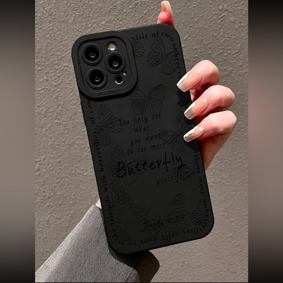NWT iPhone13ProMax Black Rubber Phone Case w/Engraved Butterfly Detailing - Picture 1 of 4